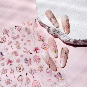 3D embossed cherry blossom nail stickers with ancient Chinese architecture, model M-944