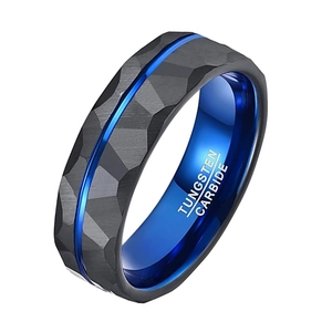 Tungsten carbide ring with black hammered finish and blue plated inner mirror groove