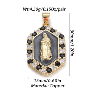 Golden hexagon copper pendant with Virgin Mary relief and cubic zirconia stones