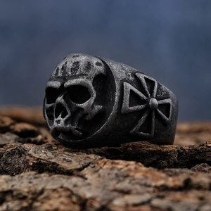 Gothic skull ring for men with Maltese cross engraving and antique silver finish