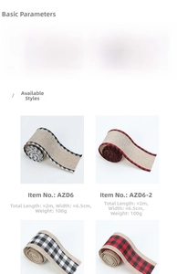 Detailed specs of 6.5cm wide Christmas burlap ribbon with plaid edges for gift wrapping