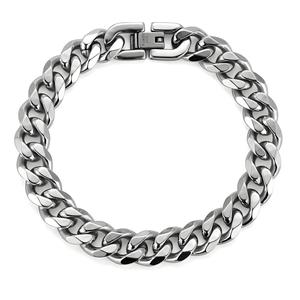 Polished stainless steel men's cuban link bracelet with secure clasp on white background