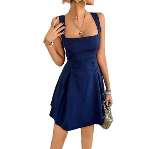 Elegant navy blue sleeveless mini dress with square neck and textured fabric for women
