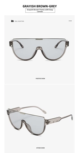 Front and 45-degree side views of futuristic taupe oversized shield sunglasses