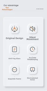 Detail view of silent wall clock featuring anti-fog glass and 5mm ultra-slim electroplated frame