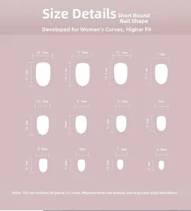 Sizing chart for short round press-on nails with 12 sets of length and width dimensions