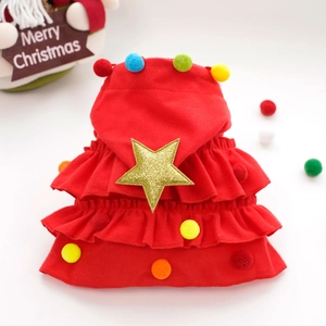 Close-up of red festive Christmas dog hoodie with colorful pompoms and gold star detail