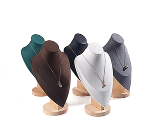 Microfiber necklace bust displays with wooden bases in various professional colors
