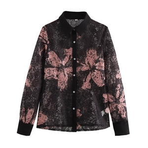 Women Lace Floral Print Blouse Long Sleeve Lapel Button Down Shirt Elegant Autumn Casual Tops For Ladies