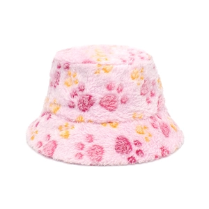 Detail of pink plush bucket hat featuring soft faux fur and cute cat paw prints