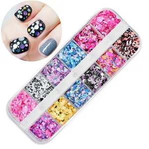 Detailed view of 12-color holographic nail art sequins set in transparent storage box