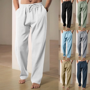 Heren Linnen Polyester Casual Rechte Broek Ademend Elastische Taille Met Koord Broek Voor Dagelijkse Ontspannen Stijl