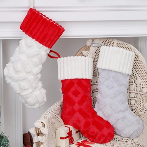 Faux rabbit fur Christmas stockings with diamond pattern in red, white and grey colors