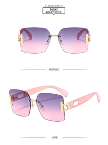 Detail of pink gradient frameless square sunglasses with gold metal hinges and temples