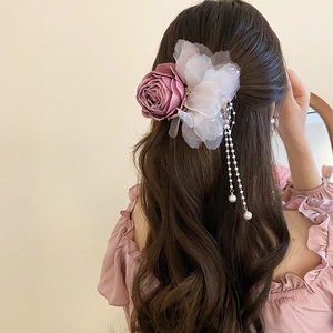 Elegant burgundy rose and white organza flower hair clip with pearl tassels for women