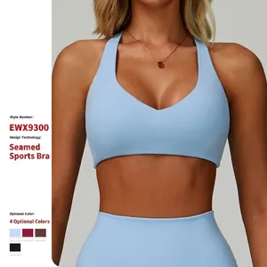 Women Halter V Neck Racerback Sports Bra Padded High Elasticity Quick Dry Running Yoga Fitness Gym Seamless Look Workout Top 9300