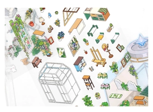 Close-up of DIY decorative stickers featuring isometric furniture and plant designs