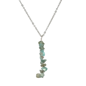 Detailed view of natural agate necklace with silver chain and blue stone pendant