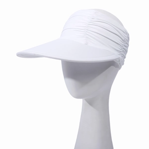 Close-up of white sun visor with cooling fabric texture and pleated wide brim detail