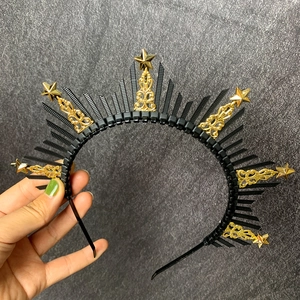 Gothic black halo crown headband with golden stars and lace for cosplay and parties