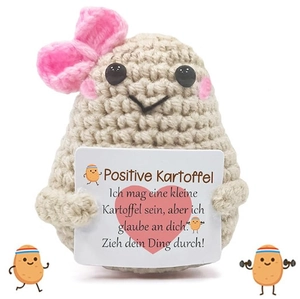 Detail of handmade crochet potato doll with pink bow and German positive quote card