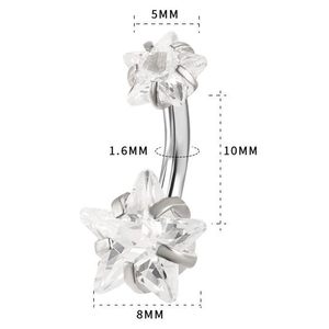Surgical steel belly ring with double star cubic zirconia and detailed sizing dimensions