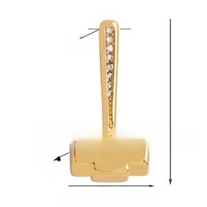 Detailed view of a gold-plated T-shaped pendant with cubic zirconia inlay and dimensions