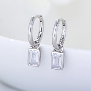Elegant 925 sterling silver hoop earrings with a sparkling rectangular zircon drop charm