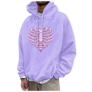 Purple fleece hoodie for men and women featuring pink skeleton heart print and drawstring