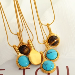 Vintage Stainless Steel Necklace With Round Turquoise Tiger Eye Pendant Gold Plated Snake Chain Fashion Jewelry For Women
