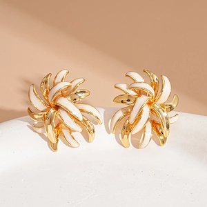 18K gold plated flower stud earrings with white enamel design for women's fashion