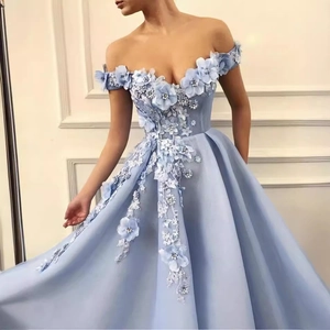 Elegant light blue off-shoulder evening gown with 3D floral appliqués and lace embroidery
