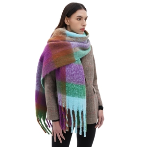 Thick colorful plaid scarf for women with tassels and soft loop yarn texture