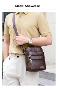 Detail of dark brown PU leather men's messenger bag with multi-layer zipper compartments