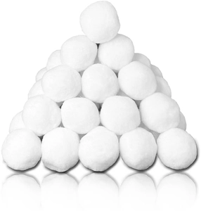 Pyramid stack of white plush snowballs and wool dryer balls for festive party decoration