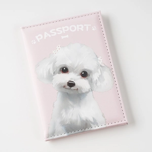 Pink PU leather passport cover with cute white dog illustration and PASSPORT text