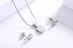 Polished stainless steel guitar pendant necklace and matching stud earrings set