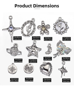 Detailed size chart for vintage silver cross star and heart charms for DIY jewelry making