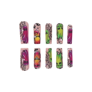 Halloween press-on nails with colorful cartoon ghosts, spider webs, and rhinestones