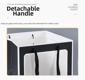 Close-up of a square gift bag featuring a transparent PVC window and detachable handles