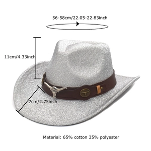 Sparkly silver cowboy hat with leather band and metal bull head detail for unisex wear