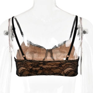 Detail view of black lace lingerie top with sheer cups and thin back strap design