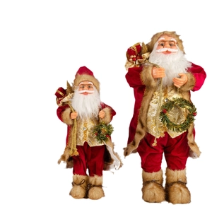 Two-piece Santa Claus figure set with golden trim and red velvet bags on white background