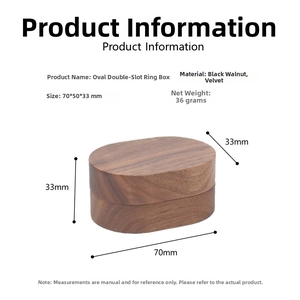 Detailed specs for oval black walnut double-slot ring box measuring 70x50x33mm