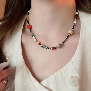 Ethnic style geometric beaded necklace with colorful stone and wood resin round pendants
