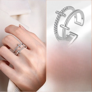 Double Layer Cross Open Ring Copper Cubic Zirconia Inlaid Adjustable Fashion Jewelry For Women Gift