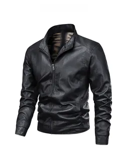Detail of men's stand collar leather jacket with soft fleece lining and metal zipper