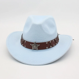 Detail of light blue felt cowboy hat with sheriff star badge and studded leather band