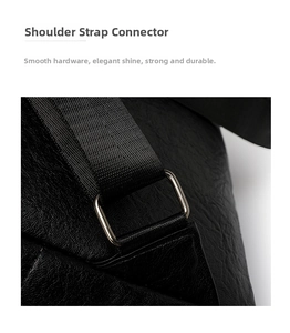 Detail of silver rectangular metal buckle and litchi grain leather shoulder strap joint