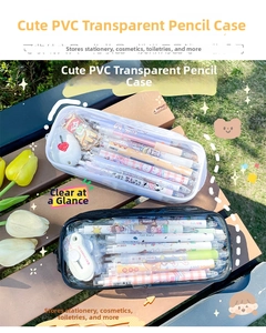 Detail of transparent PVC stationery pouch with large capacity and floral accent decoration